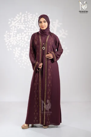 Full body view of the Kyra abaya deep maroon